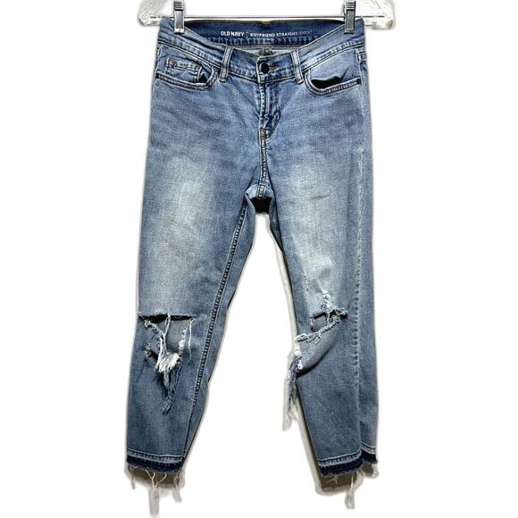 Old Navy Jeans Boyfriend Straight Light Blue Busted Distressed Knees Womens sz 0 - Picture 1 of 13